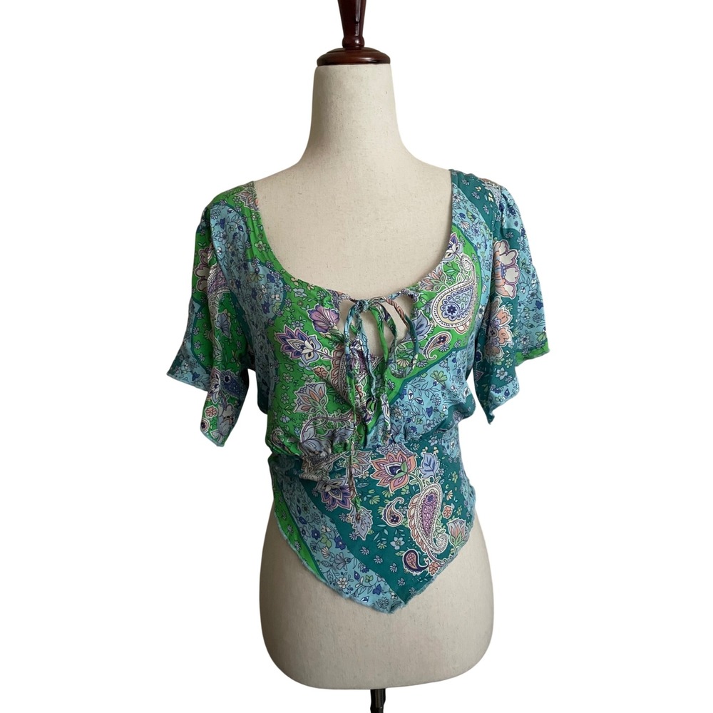 Patchwork Paisley Tie Back Handkerchief Top Medium Festival Boho Fairy 70s